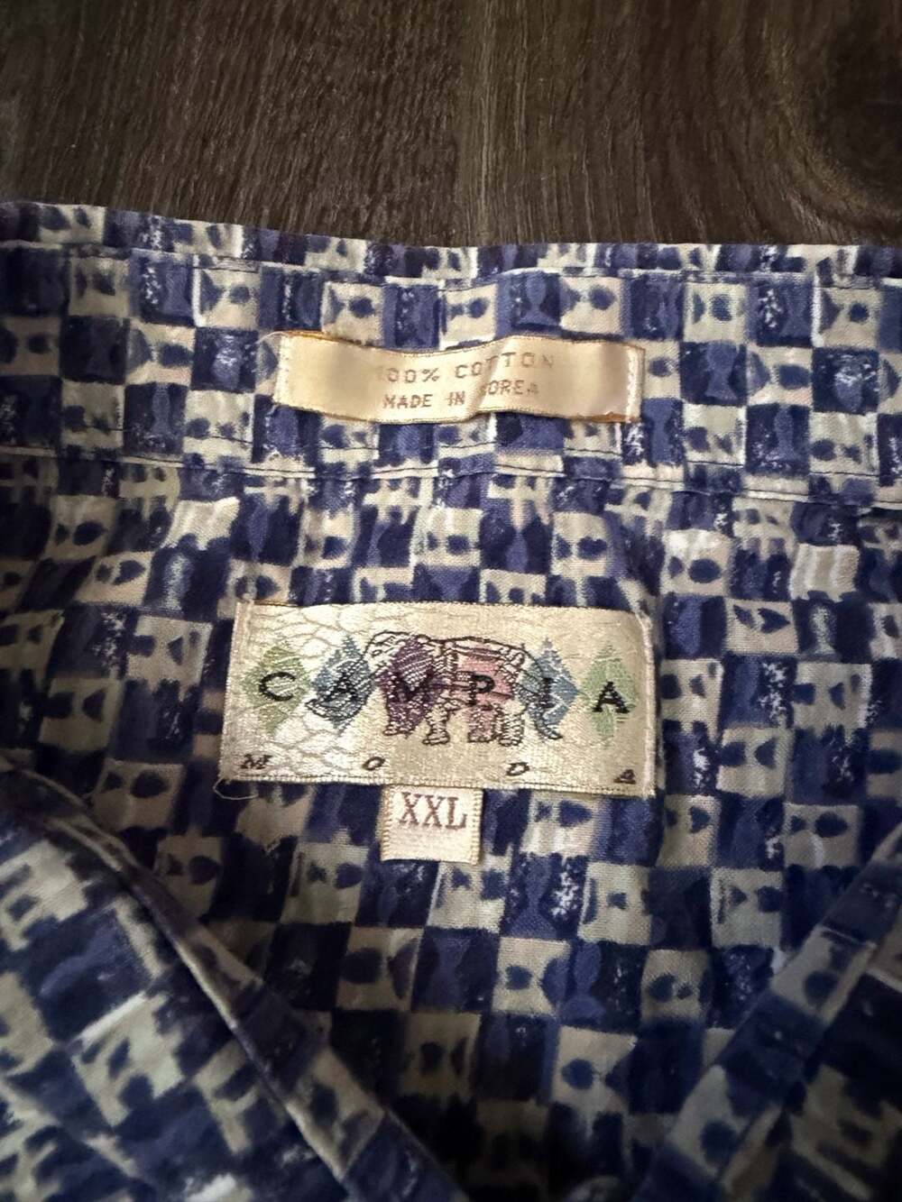 Campia Moda Vintage 100% Cotton Blue Geometric Pattern S/S Button Up Shirt XXL